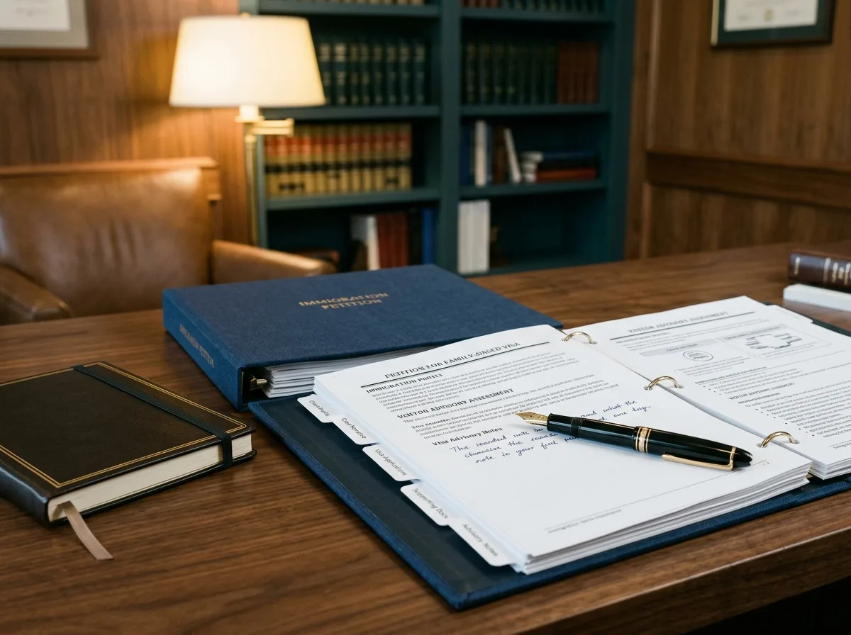 Attorney consultation desk with legal petition documents and fountain pen