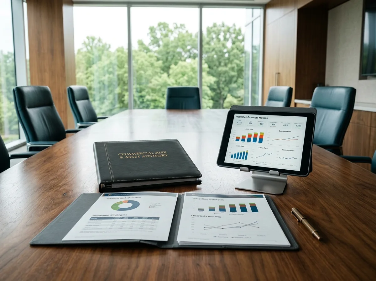 Commercial insurance advisory conference room with risk policy binder and tablet