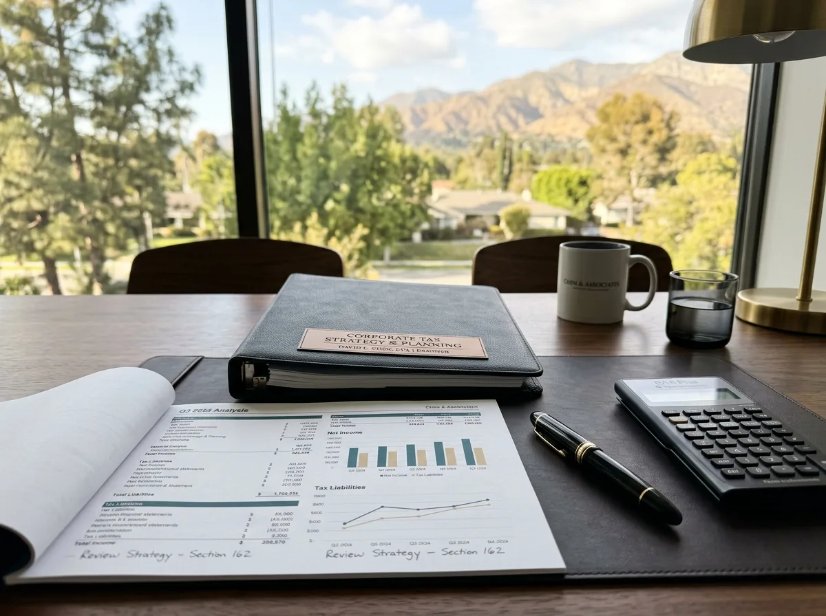 Clean CPA advisory desk with corporate tax planning binder and financial statements