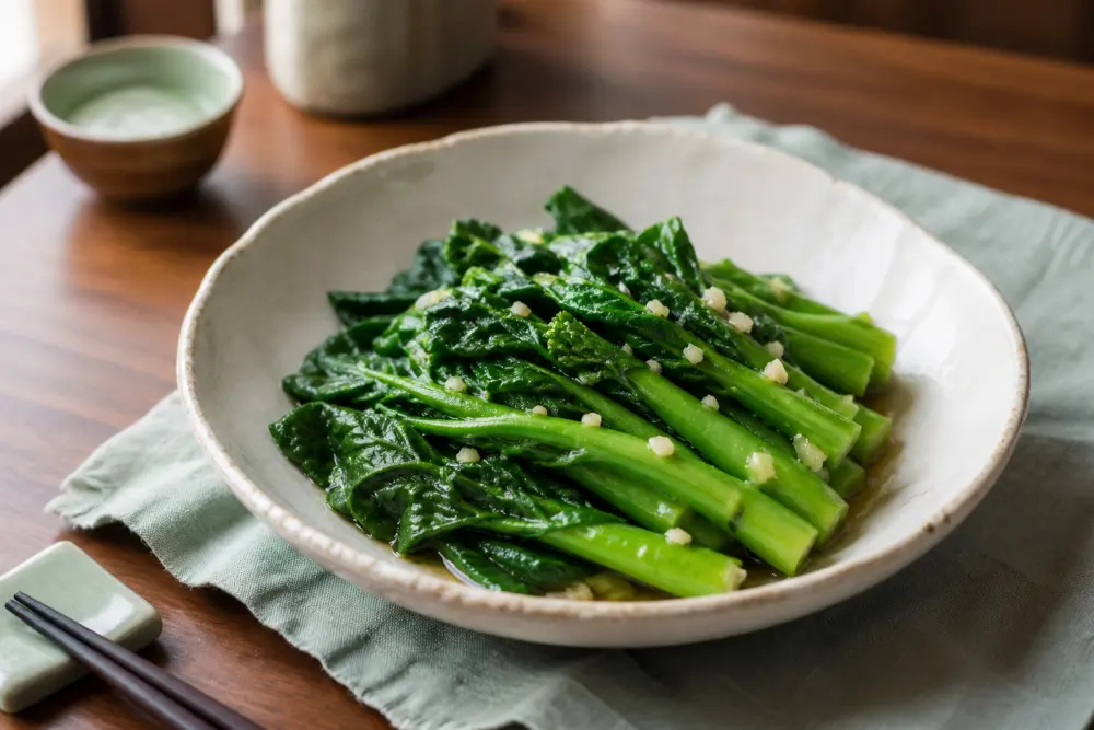 Green gai lan with garlic in a ceramic bowl