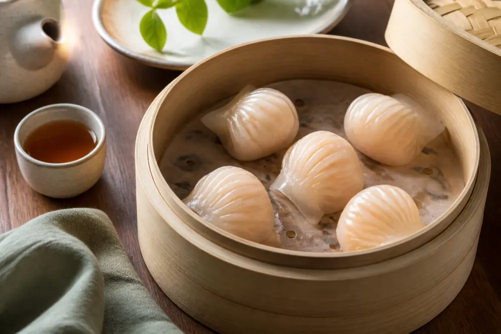 Five shrimp dumplings in a bamboo steamer