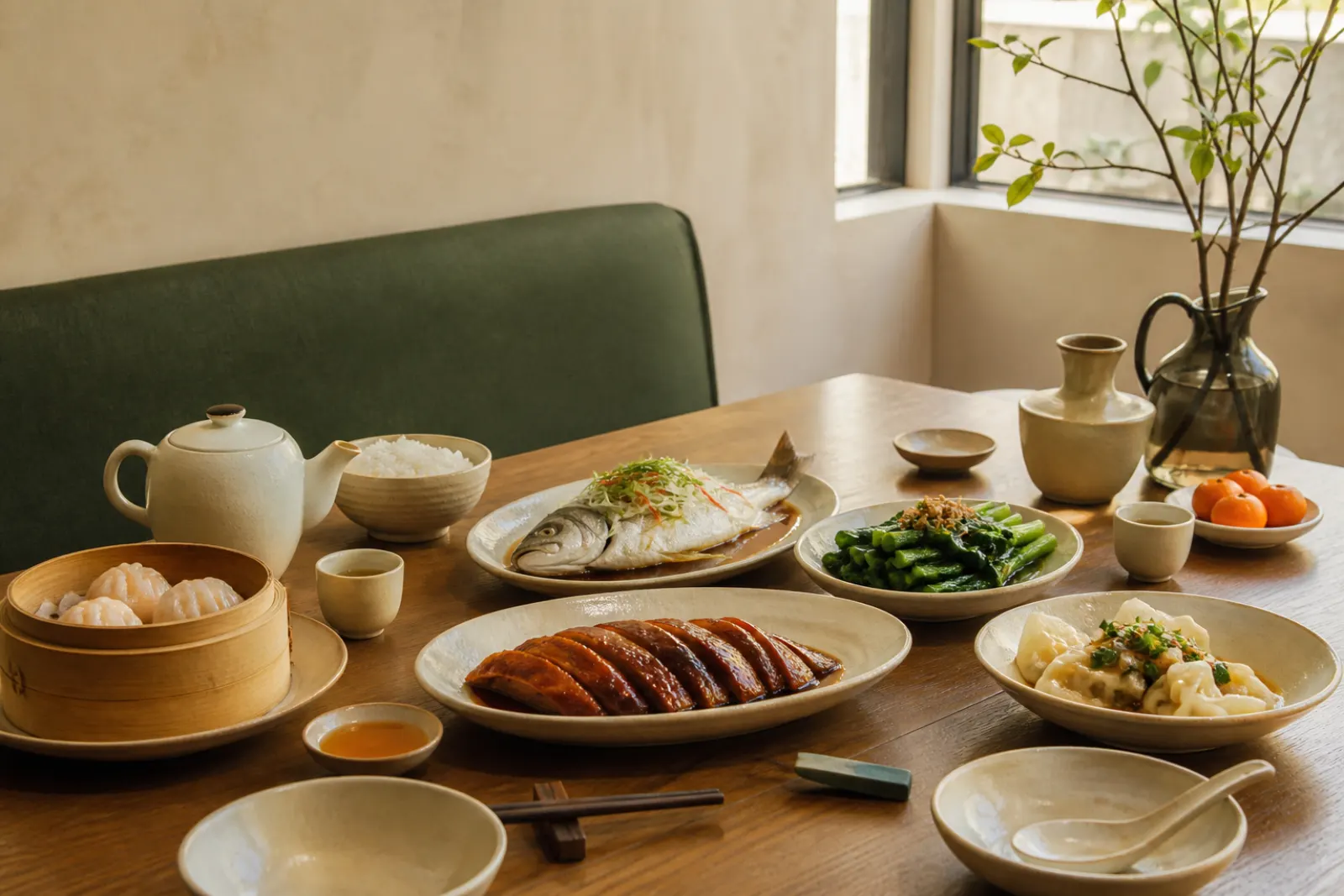 A shared table set with roast duck, steamed fish, shrimp dumplings, greens, rice, and tea