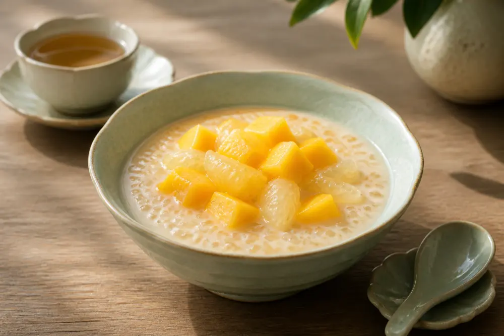 Mango pomelo sago in a celadon bowl