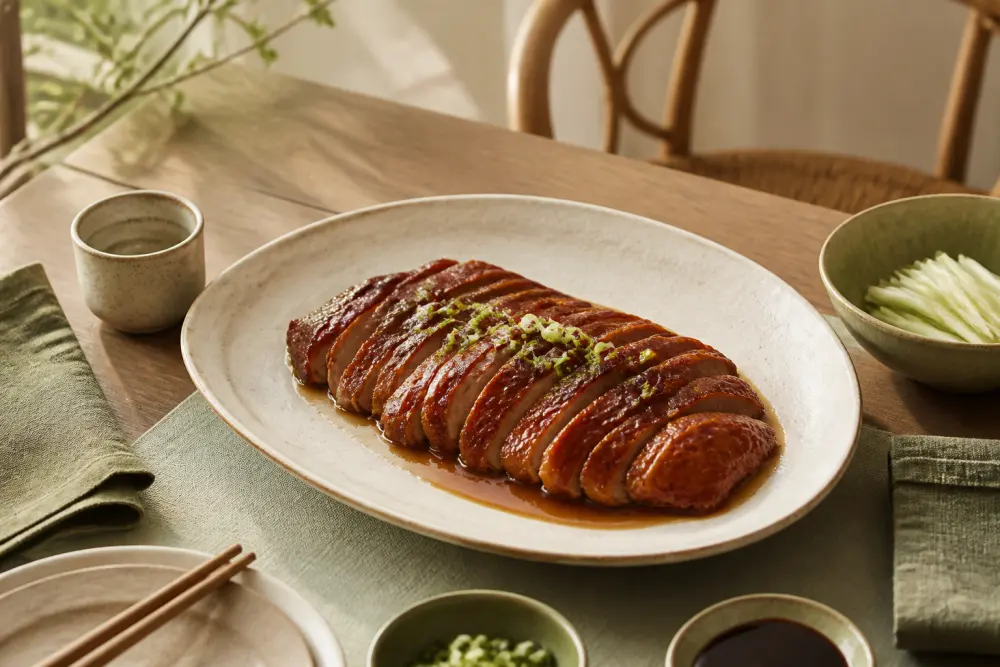 Sliced roast duck on a cream ceramic platter