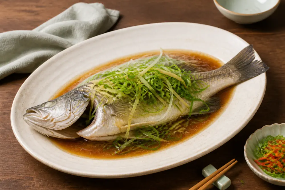 Whole steamed fish with ginger and scallion