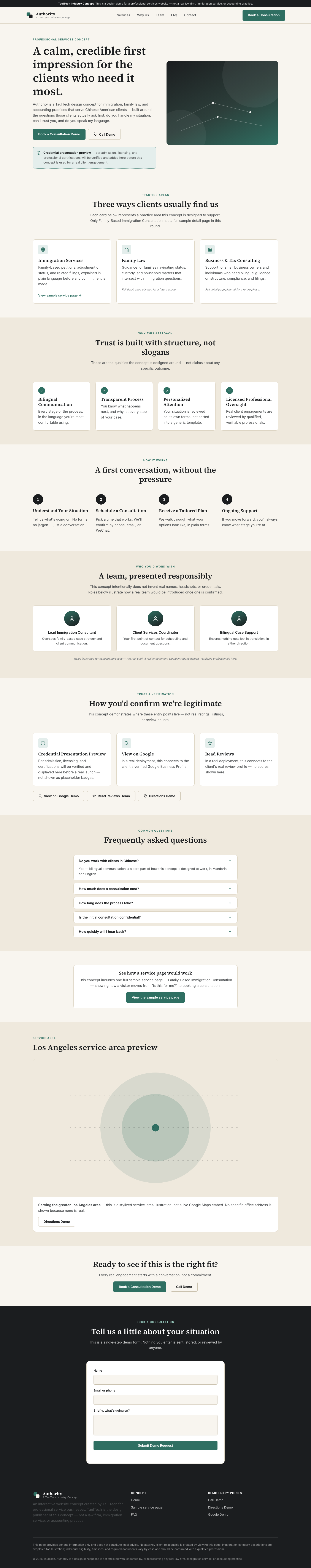 Desktop preview of the Authority professional services website concept