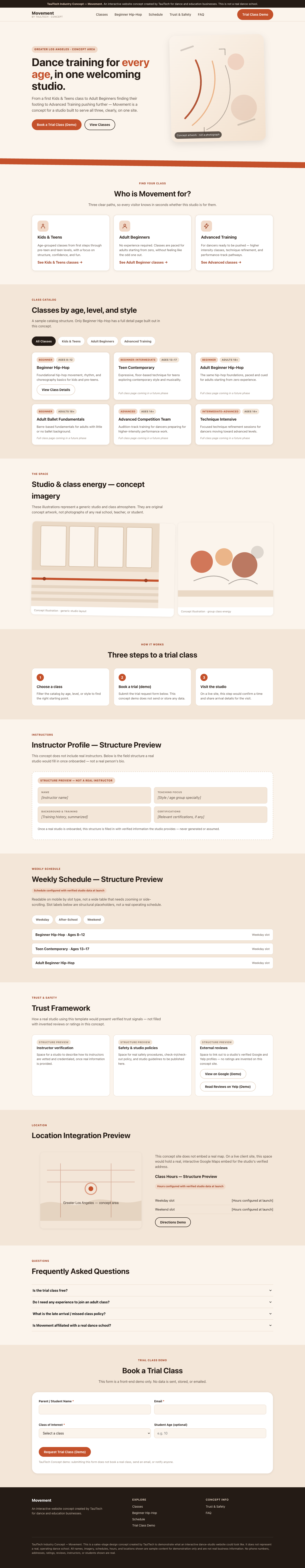 Desktop preview of the Movement dance and education website concept