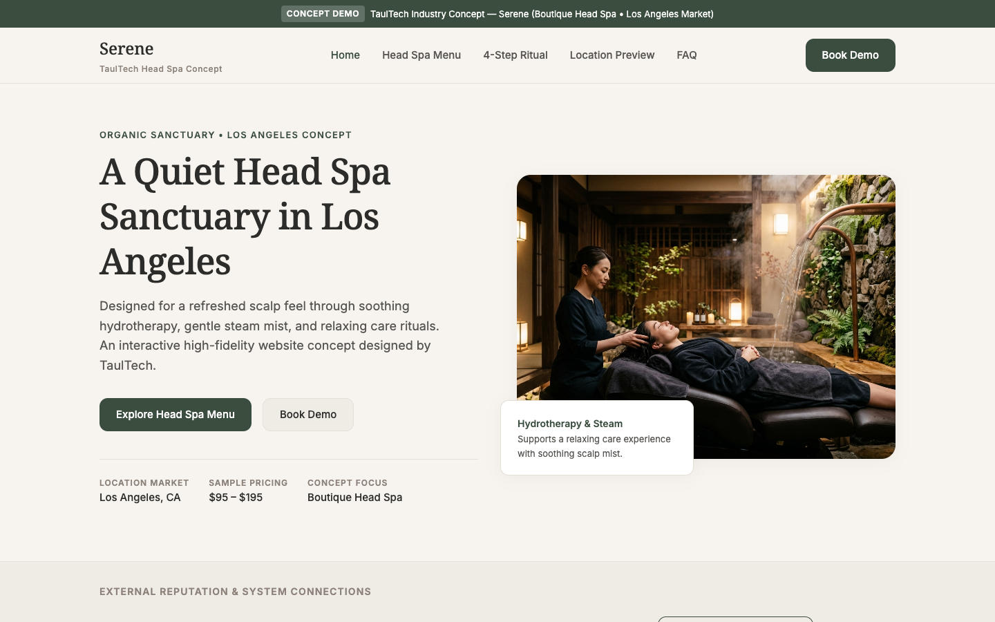 Desktop preview of the Serene boutique head spa website concept