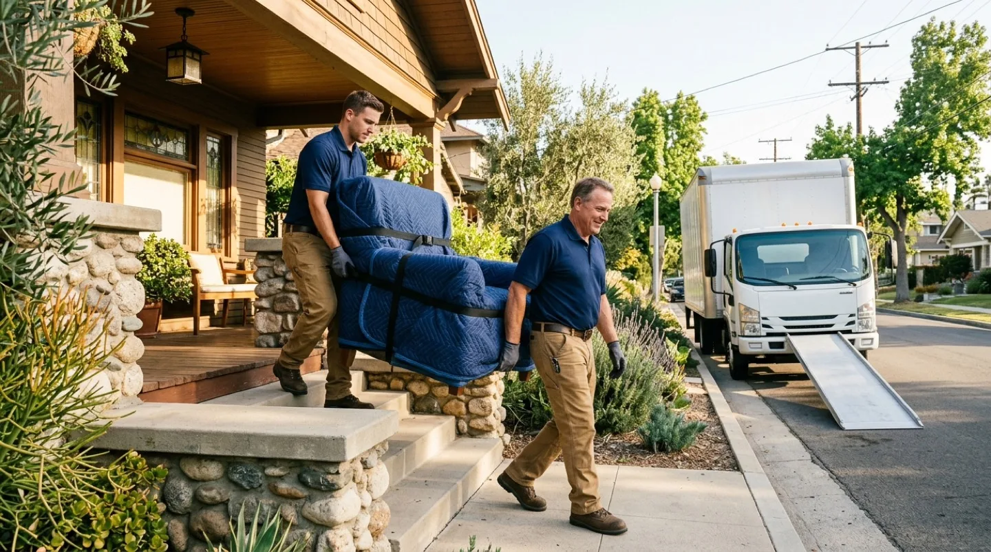 Two professional Lantern Moving Co. crew members in navy uniforms carefully carrying blanket-padded furniture down porch steps in Pasadena