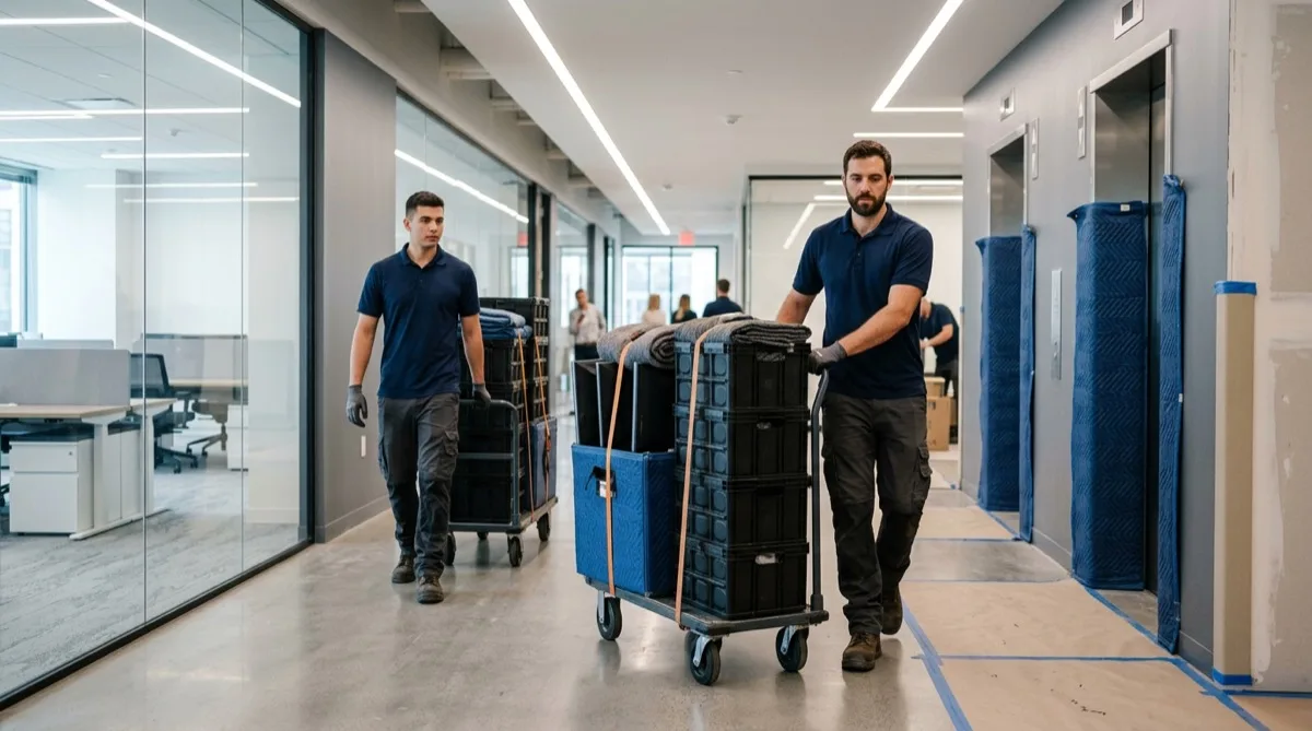 Movers wheeling computer crates in office building