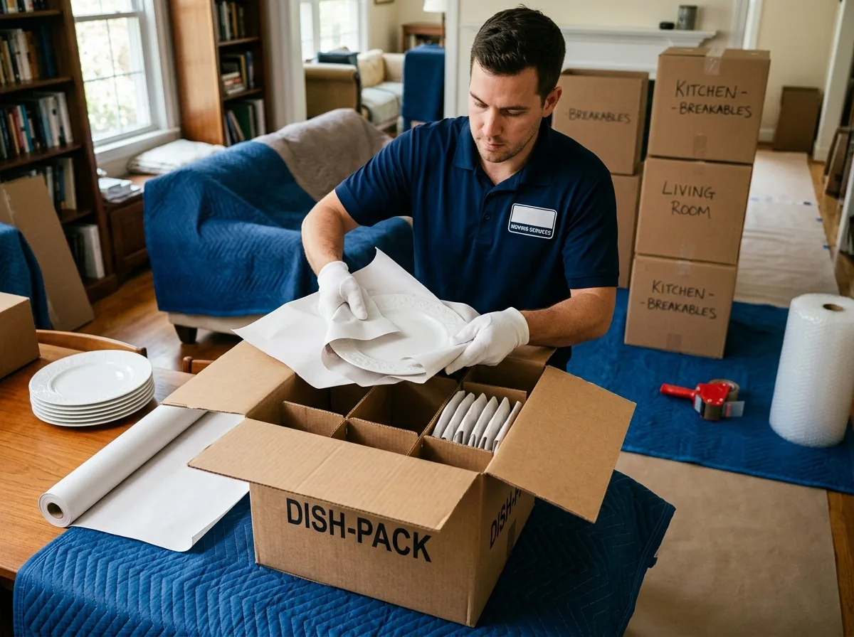 Specialist packing fine china into partitioned dishpack