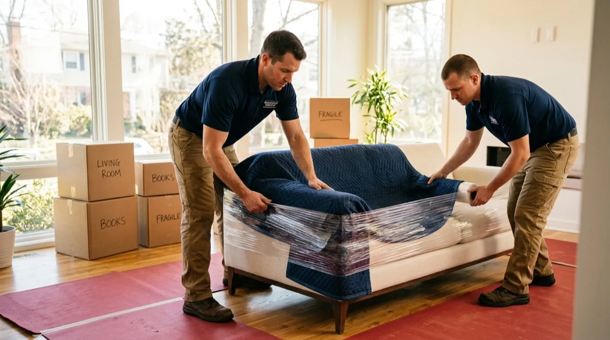 Movers wrapping modern sofa with quilted blankets