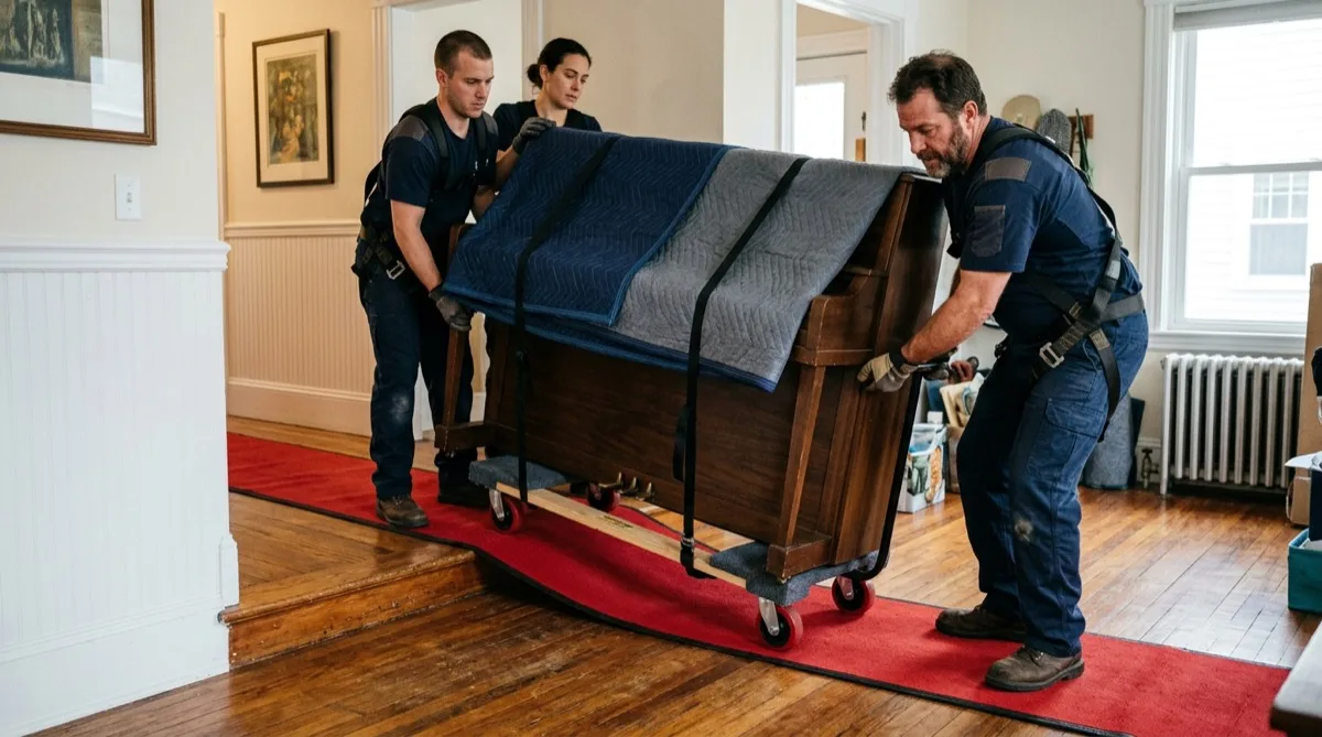 Riggers guiding upright piano across protected runner