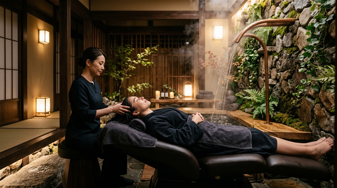 Botanical head spa hydrotherapy treatment with gentle steam and ambient lighting